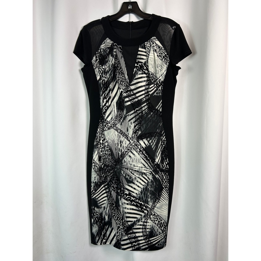 Joseph Ribkoff Black White Abstract Animal Print Mesh Sheath Dress 8